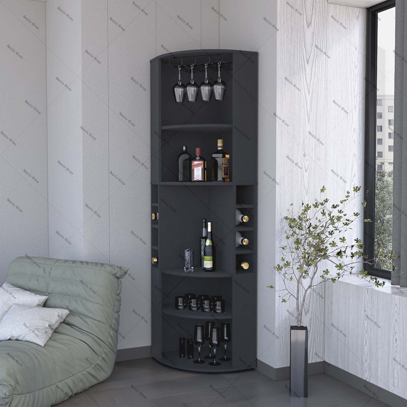 Armoire de bar d'angle avec 5 tablettes, porte-gobelets et huit porte-bouteilles encastrés, Macadamia, Noir