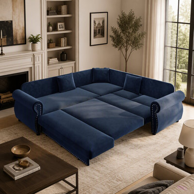 Canapé d'angle en L de 224 cm avec lit gigogne, canapé-lit convertible surdimensionné avec garniture cloutée et accoudoirs arrondis, canapés d'angle en chenille, pour salon, appartement, bureau