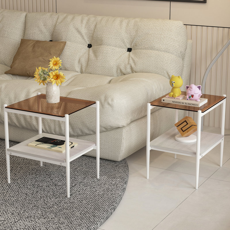 Tables d'appoint en verre trempé avec tablette Finkelstein, Brun, Blanc