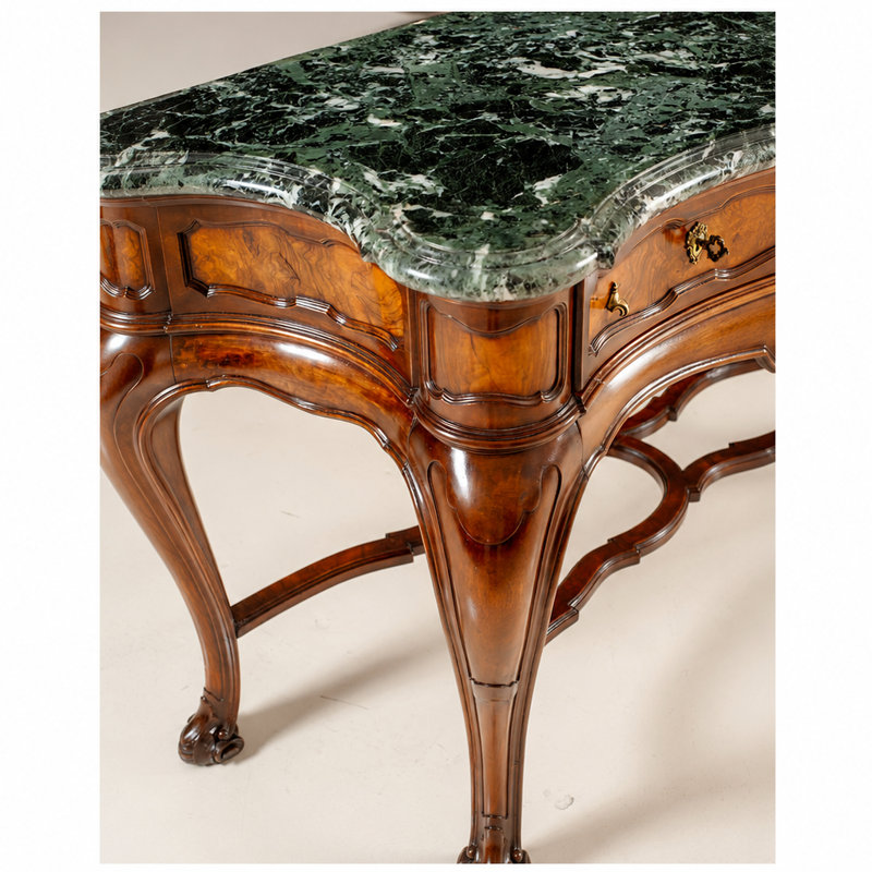 Original Italian Antique Walnut Burl Console Table with Green Marble Top