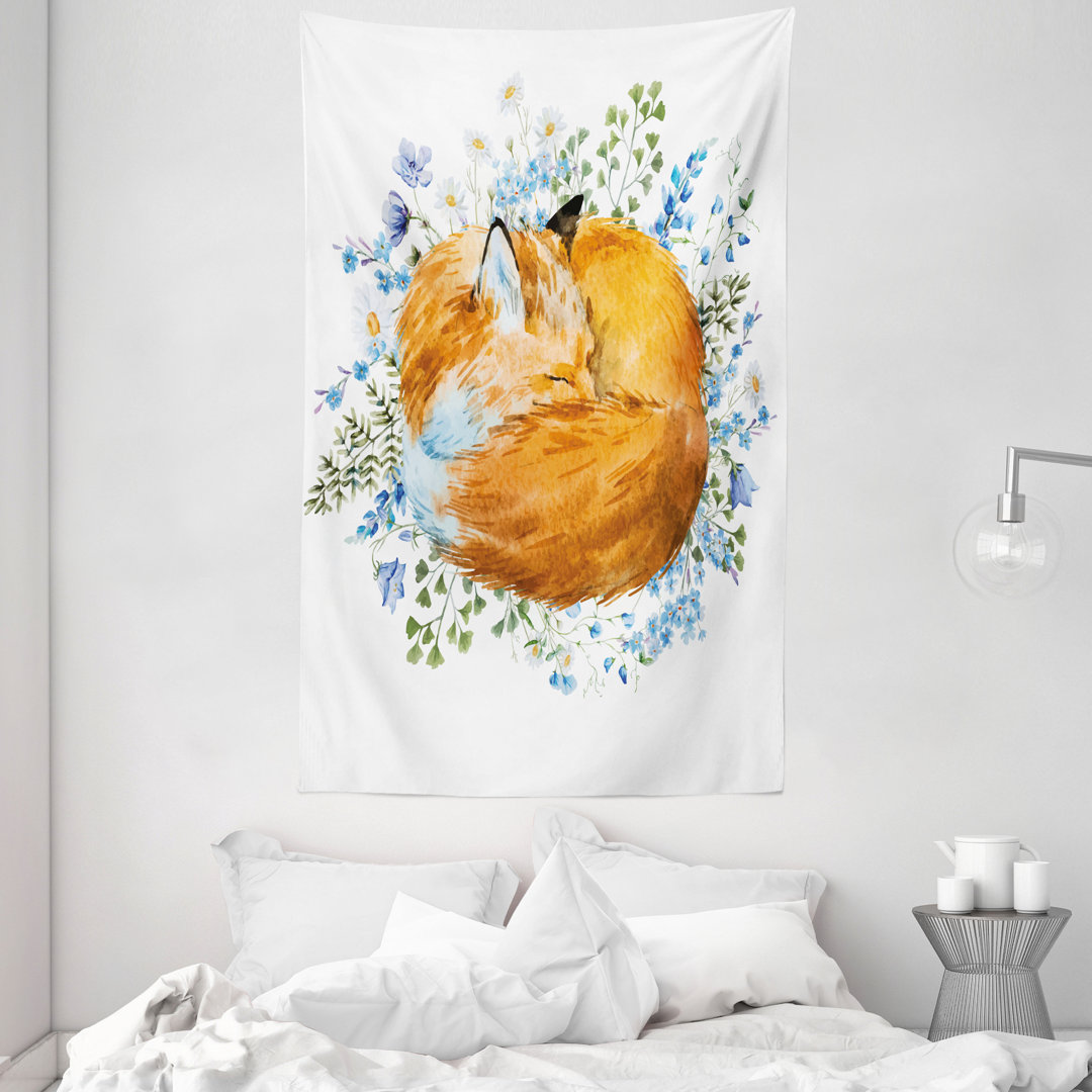 Wandteppich, Schlafender Fuchs Aquarelle, Orange-Blau-Olivgrün