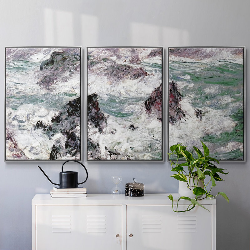 Tempête à la belle, reproduction sur toile 3 pièces, H 40 po x l 78 po, Encadrement argenté