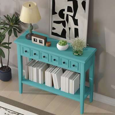 Table d'entrée avec 2 tiroirs, console rustique avec tablette ouverte et pieds en bois d'hévéa TREXM pour les entrées, les salons et les couloirs (bleu sarcelle)