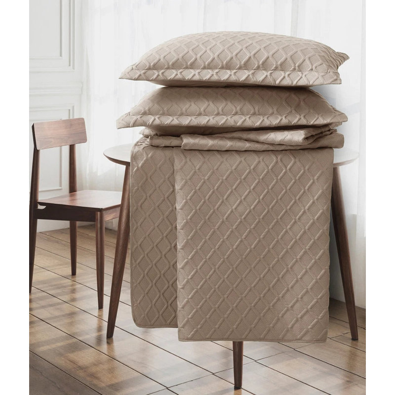 Bedspread Diamond Check Embossed Set with Pillow Shams, Textured All-Season Comfort, Single, Double, King & Super King, Mink