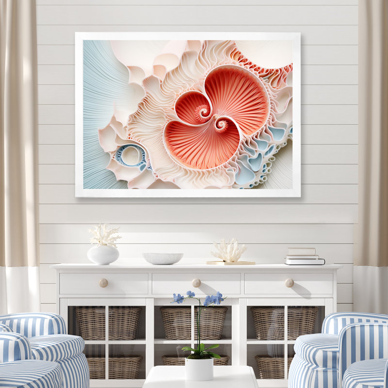 Corail chambre Nautilus spirale sur toile, Cadre simple blanc, H 12 po x l 20 po x P 1 po