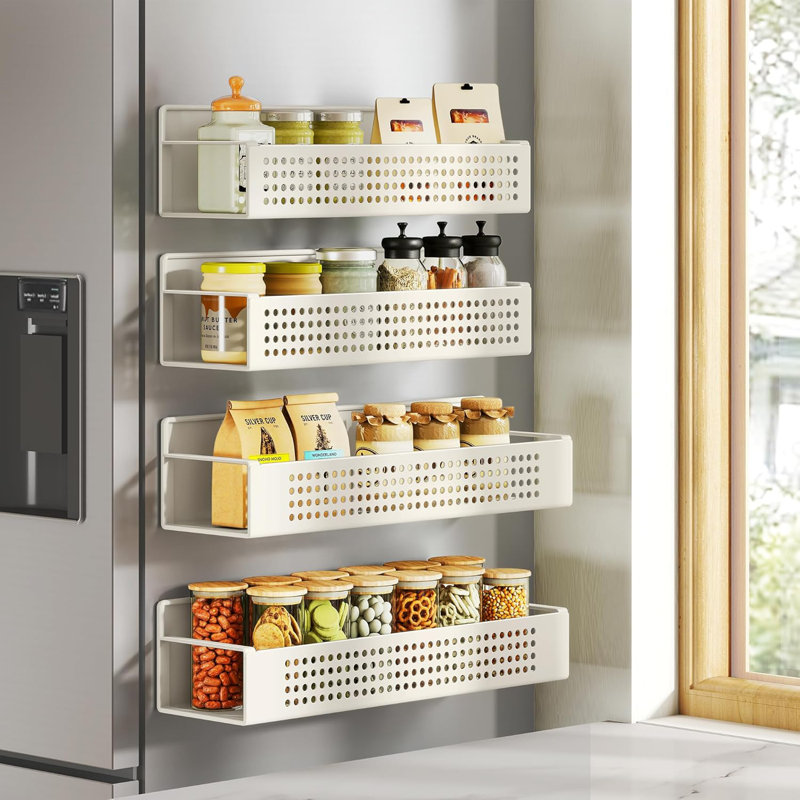 Support à épices puissant pour réfrigérateur, ensemble de 4, 2 grandes et 2 petites tablettes magnétiques pour micro-ondes, machine à laver, range-épices, sans perçage, blanc crème