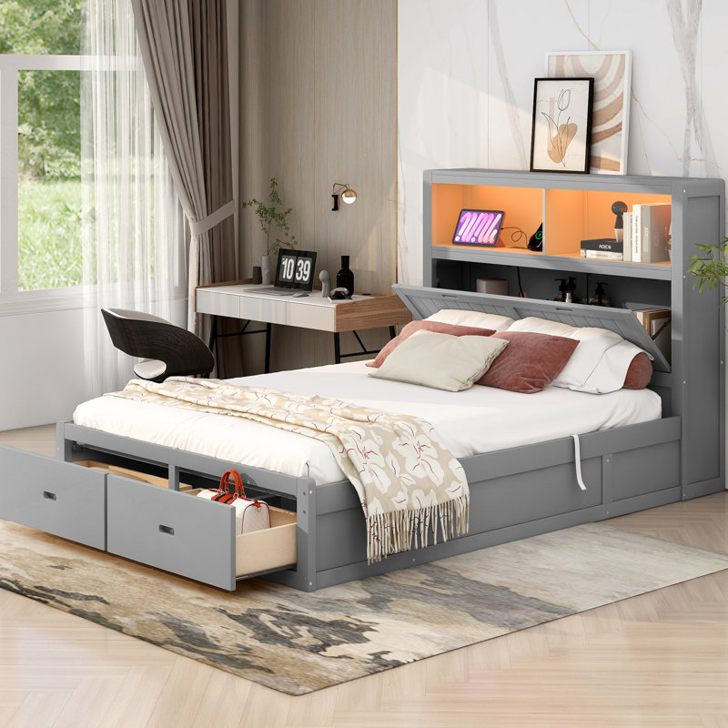 Grand lit plateforme hydraulique en bois avec rangement spacieux, tête de lit à DEL, support de chargement et 2 tiroirs, espace de rangement inférieur gris, conditions difficiles