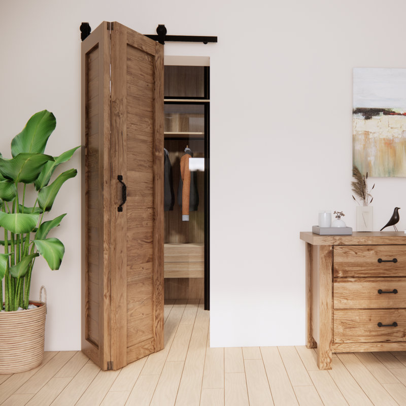 Solid Oak Barn Door with Single Bi-Folding System, Brown Oil