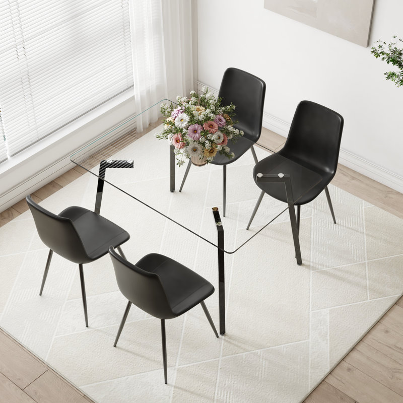 Keyala Glass Top Four Leg Dining Set, Black, 30" H x 51" L x 31.5" W, 5