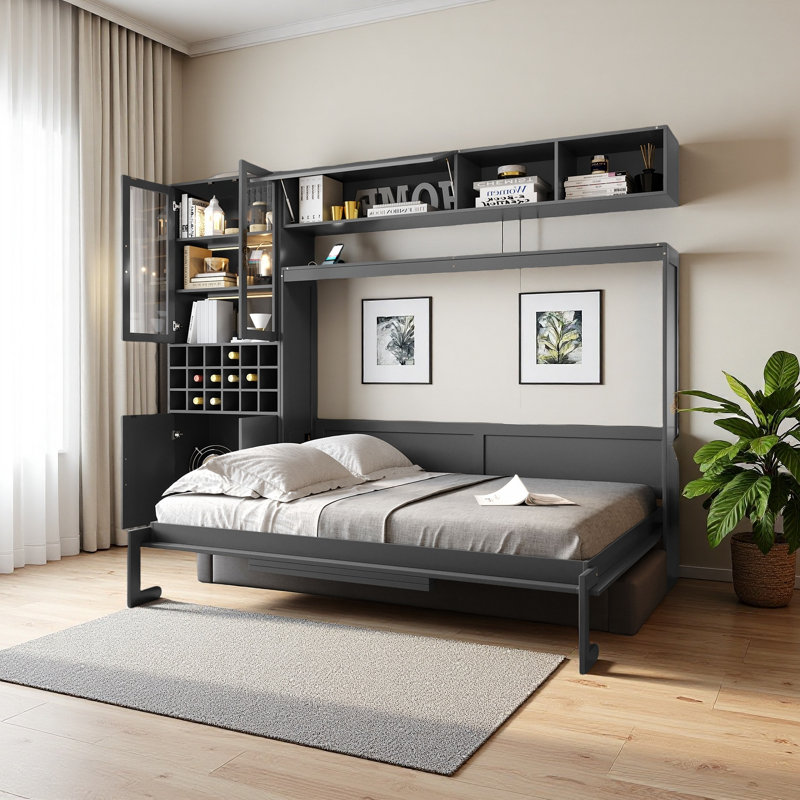 Lit escamotable mural avec canapé, tablettes USB et lumière Murphy, Gris, Double