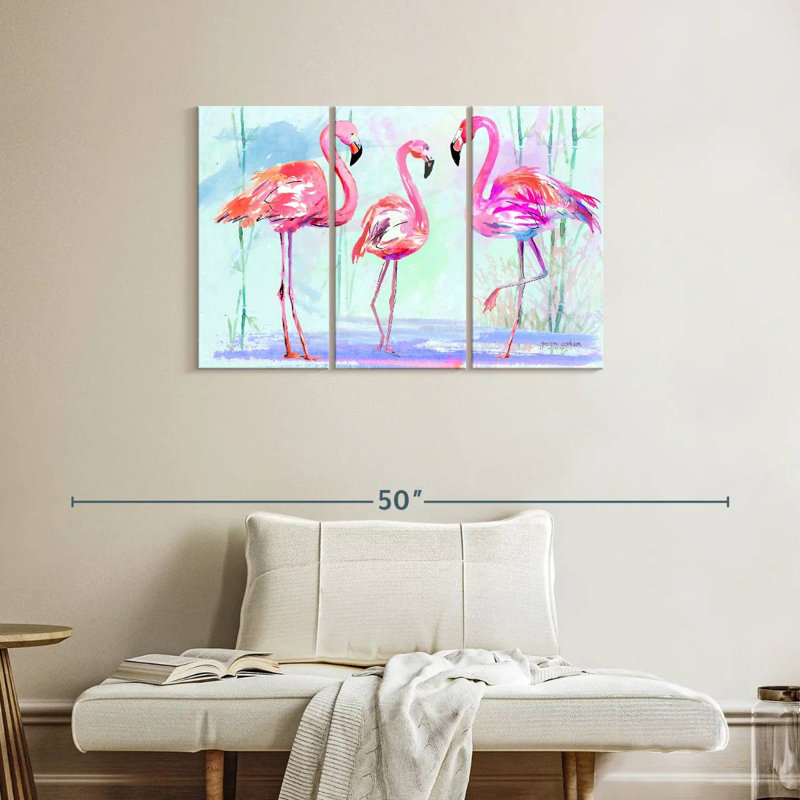 Pink Flamingo Trio On Blue, 24" H x 38" W