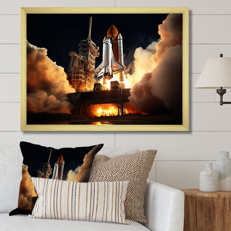 Space Shuttle Captivating Night Launch II - Space Shuttle Canvas Art Print, Cadre doré à une seule photo