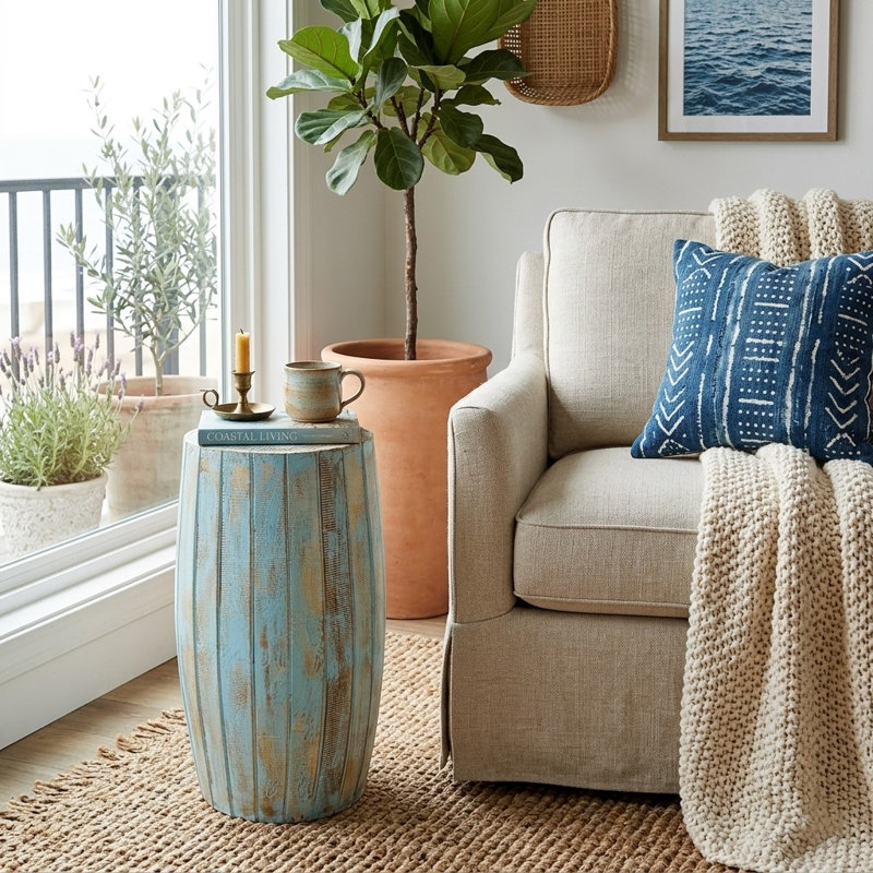 Aubepine Solid Wood Accent Stool, Blue