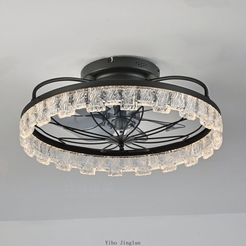 Ventilateur de plafond rustique noir à motif floral avec éclairage et télécommande, DEL encastrée et discrète, Noir mat
