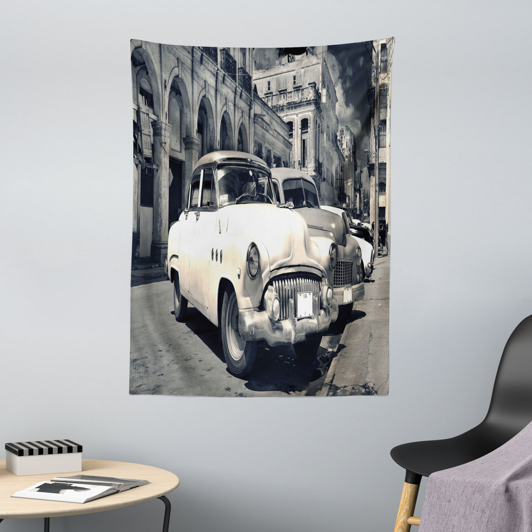 Wandteppich, Amerikanische Autos Havanna, Landschaft, Beige Grau