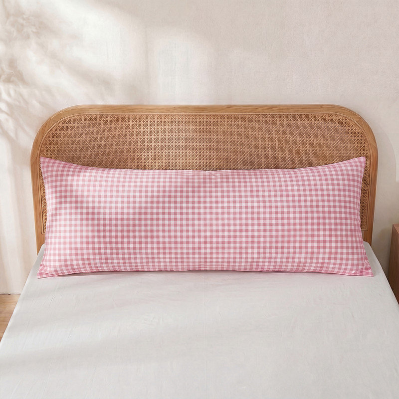 100% Cotton Body Pillow Cover, 20 x 54, Washed Cotton Pink Gingham Pillowcase, Soft Breathable Pillow Cover for Bed