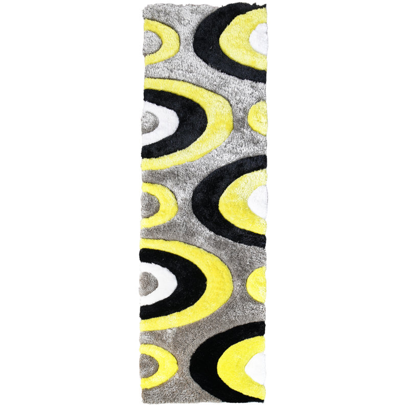 Thionville Geometric Shag Yellow/Black/Gray Area Rug, Runner 2'3" x 7'9"