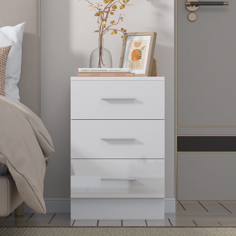 Eva High Gloss 3 Drawer Bedside Table - H: 59.5cm x D: 38cm x W: 39.5cm, Matt White/Gloss White