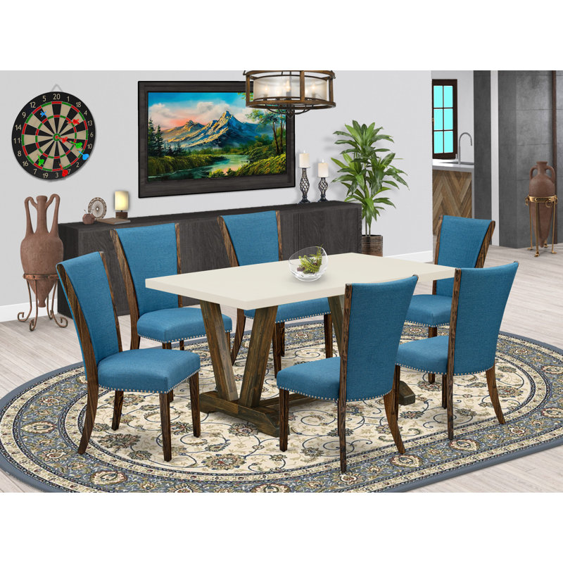 L'ensemble de table de cuisine 7 pièces comprend une table rectangulaire blanc cassé (blanc cassé) et 6 chaises modernes en lin bleu avec dossier haut - finition jacobine patinée