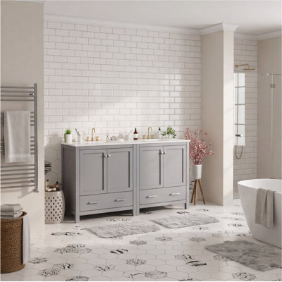 Ensemble de meuble-lavabo gris 60 po avec double lavabo, meuble-lavabo séparé, tablettes de rangement et tiroirs divisés - Meuble-lavabo autoportant moderne pour grandes salles de bain, miroir non inclus