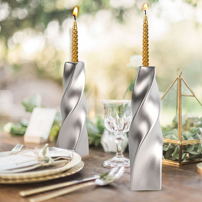 11" H  Curvy Ceramic Taper Candle Holder , Silver