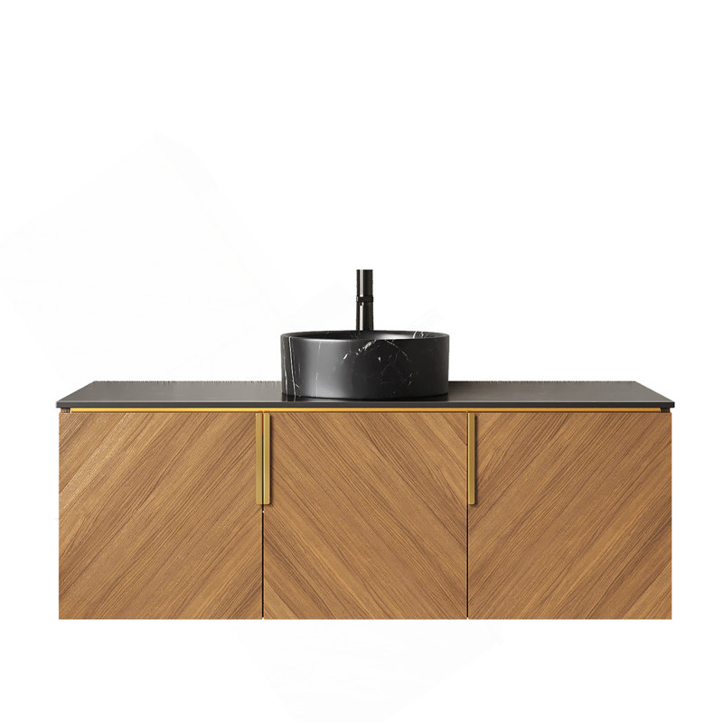 Meuble-lavabo 48 po, meuble de rangement mural en contreplaqué avec 3 portes, comptoir en pierre frittée noire et lavabo rond en céramique noire avec motif de pierre, couleur grain de bois de chêne brun