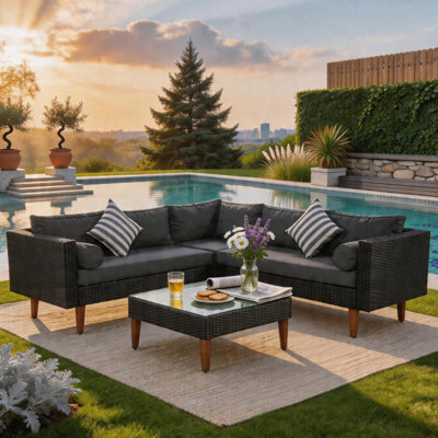 5 - Person Outdoor Wicker Sectional Sofa Set with Tempered Glass Coffee Table, Modular Patio Furniture for Patio, Garden, Backyard