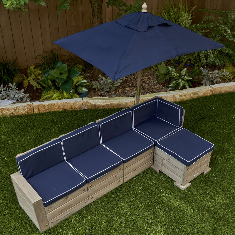 Kids Barnwood Gray and Navy Outdoor Sectional Set with Umbrella