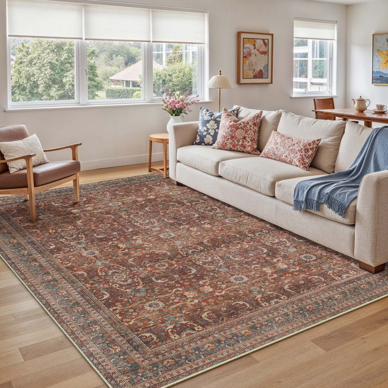 Machine Washable Vintage Floral Area Rug With Non-Slip Rubber Backing, Rectangle 5' x 7'