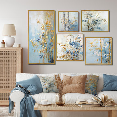 Blue And Gold Bamboo Dance III - Bamboo Wall Art Prints Set Of 5