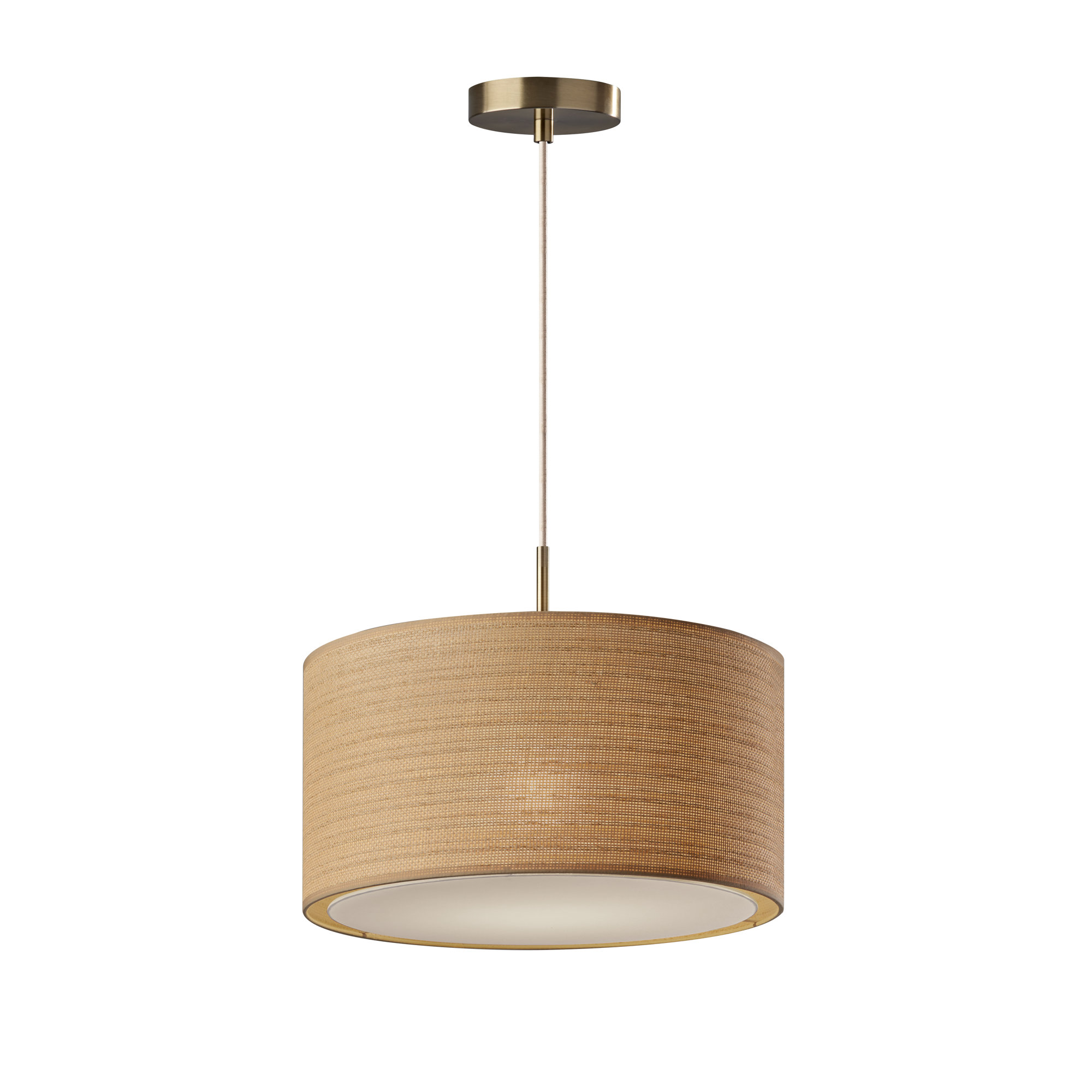 Kinnear Single Light Pendant, Antique Brass, Natural/Beige Trim/White