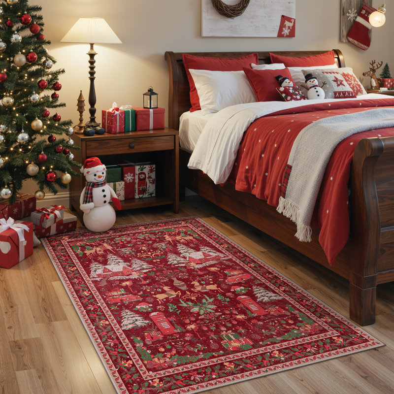 Tapis rouge lavable à la machine Christmas, Rectangle 4pi x 6 pi