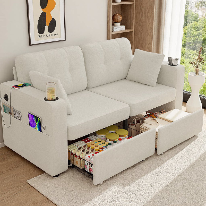 Modern Loveseat Couch with Storage Drawers, USB Charging Ports & Cup Holder, Soft Chenille Fabric, Easy Assembly, 2-Seater Sofa with Wood Frame for Small Living Room