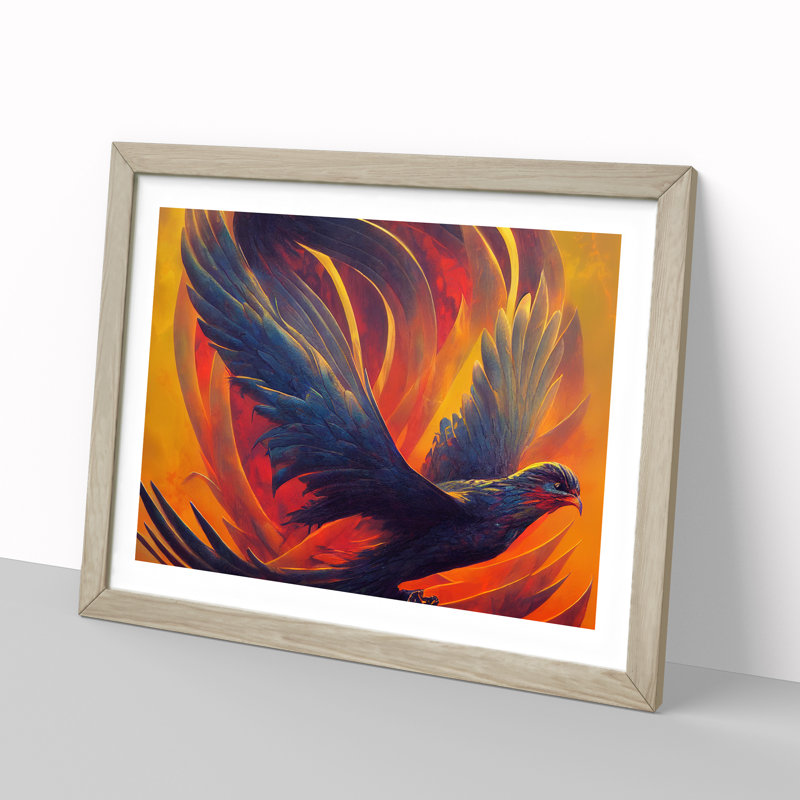 Luminous Phoenix Bird - Single Picture Frame Print, Oak, 25cm H x 34cm W x 2cm D