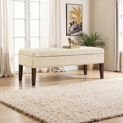 Velvet Tufted Storage Bench with Solid Rubberwood Frame, Modern Farmhouse Design by Mercer41