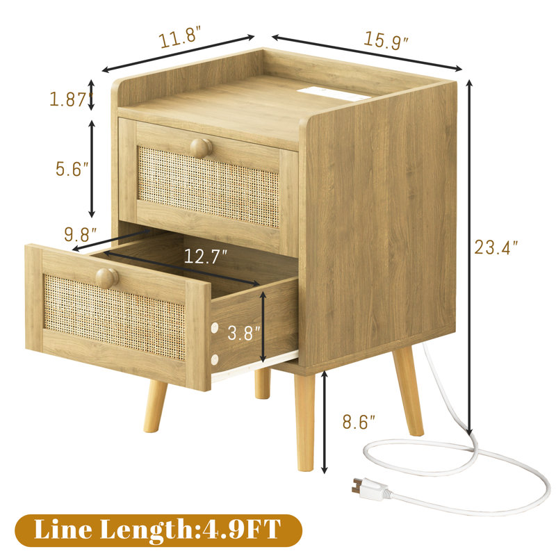 Ensemble de 2 tables de chevet en rotin avec concentrateur USB Machele, tables de chevet à 2 tiroirs de 15,9 po de largeur pour chambre à coucher et bureau