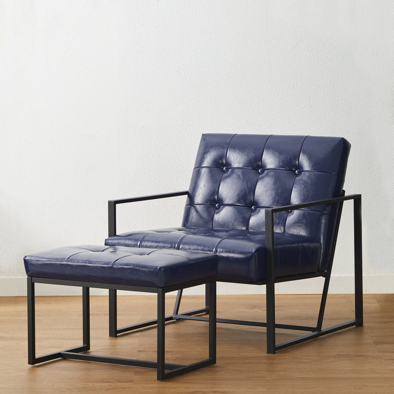 Fauteuil et repose-pieds en cuir Buren, Similicuir bleu
