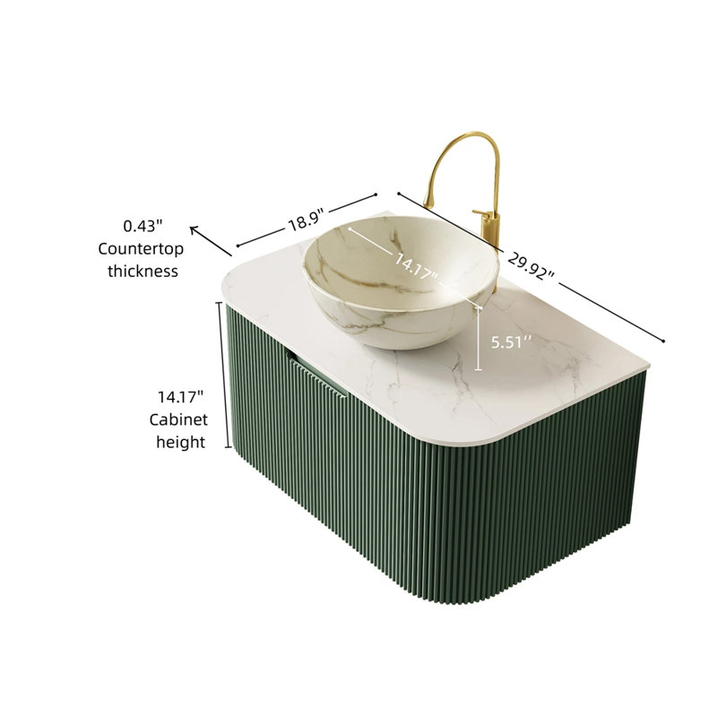 Meuble-lavabo 30 po, armoire de salle de bain en contreplaqué rayé à bords arrondis avec tiroir, vasque en céramique blanc mat et plateau en pierre frittée, pré-assemblé