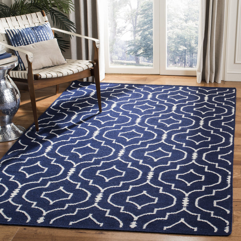 Rodgers Hand Woven Flat Weave Wool/Cotton Geometric Rug in Blue/Ivory, Rectangle 5' x 8'