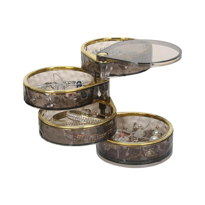 Boîte de rangement rotative pour bijoux à 4 niveaux avec vue - rangement compact pour bagues, boucles d'oreilles, colliers, bracelets et accessoires pour cheveux