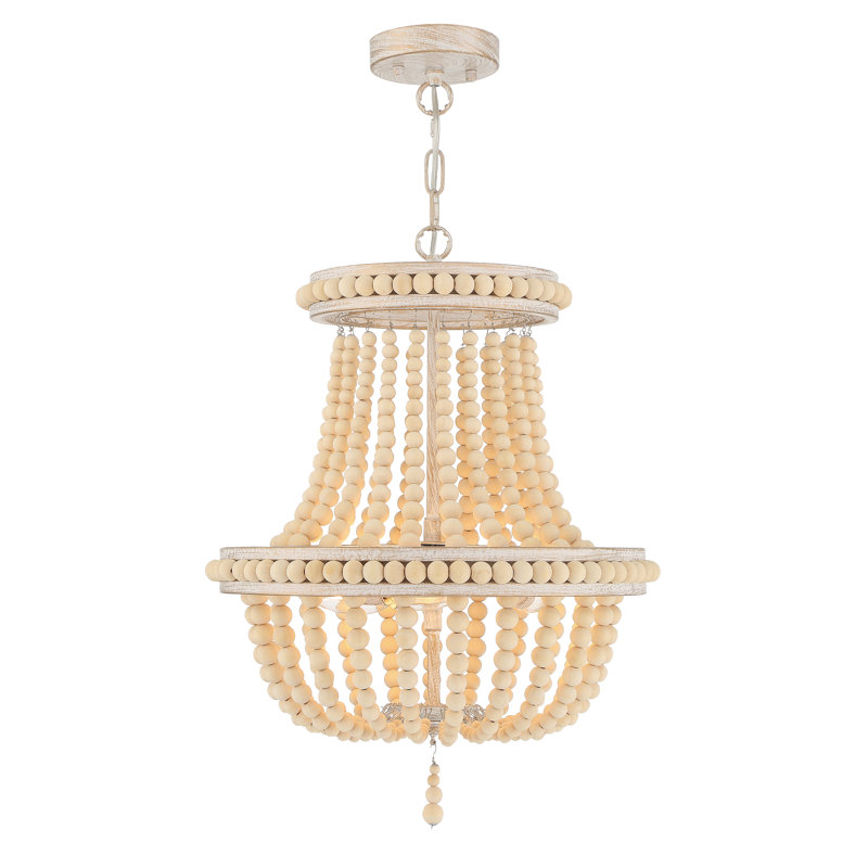 Geraldina 3-Light Empire Wood Bead Chandelier, White/Gold