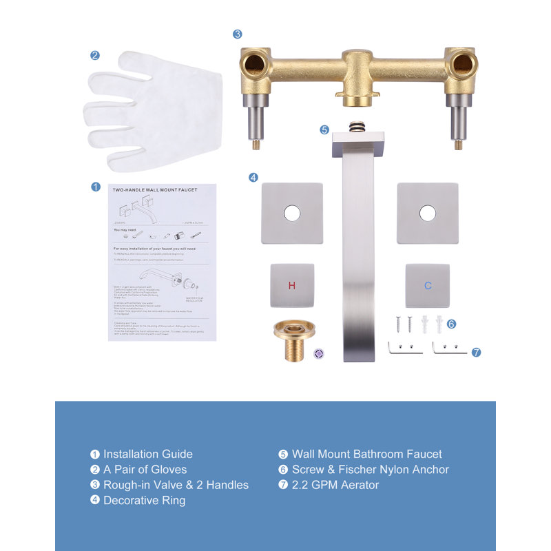 Solid Brass Wall Mounted Double Handle Bathroom Faucet with Waterfall Spout, Brushed Nickel