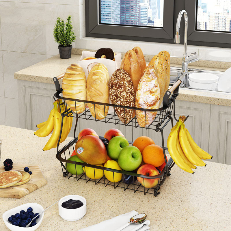 2 Tier Fruit Basket With 2 Banana Hangers, Countertop Fruit Vegetable Basket Bowl
