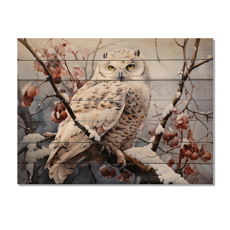 Hibou des neiges hiver III sur bois, H 10 po x l 20 po x P 0,78 po