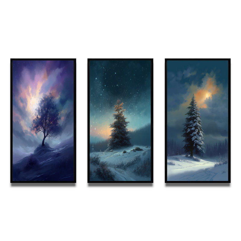 «Snowy Serenity Pinetree», 3 pièces sur toile, H 32 po x l 48 po, Cadre flottant noir