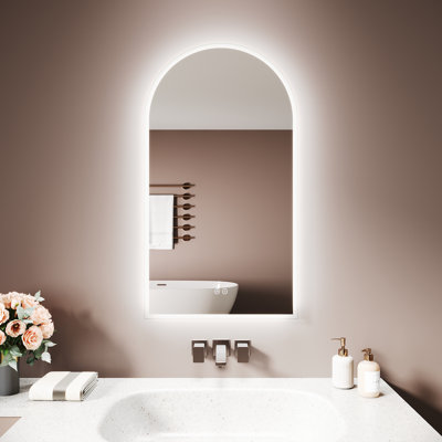 Arched White Metal Bathroom Mirror, Frosted Surround Edge, Anti-Fog Pad, Touch Stepless Dimming LED