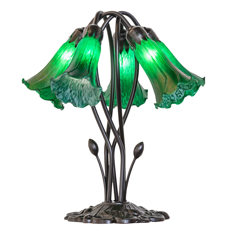 16" High Green Tiffany Pond Lily 5 Light Table Lamp, Green, In-Line