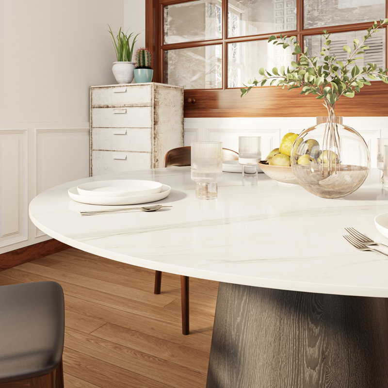 Modern Round Dining Table With Solid Wood Pedestal For 4-6 people Gullu Abdou, 29.52"H x 59.05"L x 59.05"W, Black