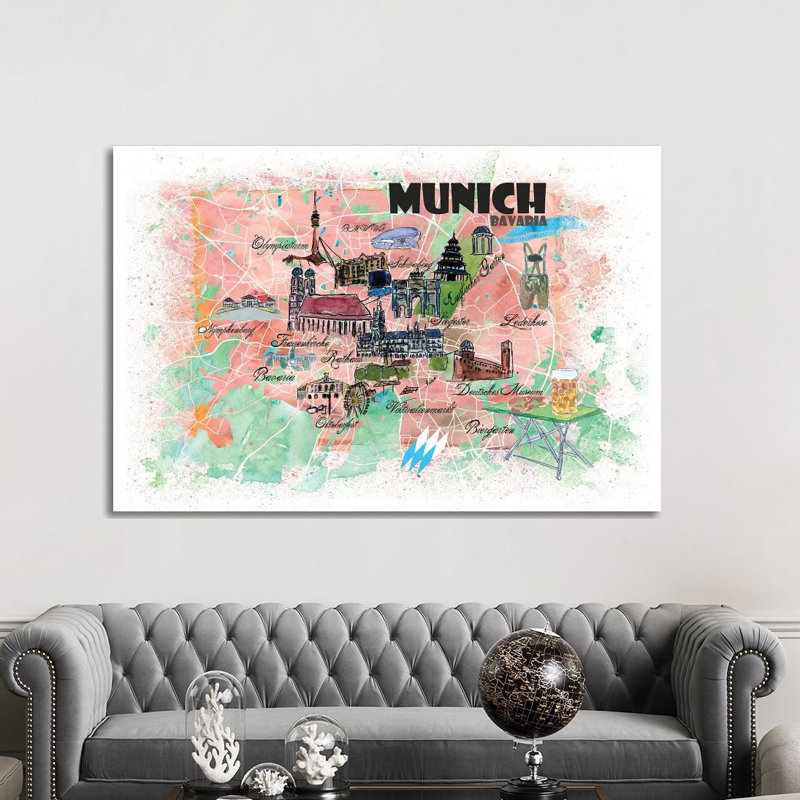 Munich Bavaria Illustrated Map by Markus & Martina Bleichner - Painting on Canvas, 101.6cm H x 152.4cm W x 3.81cm D