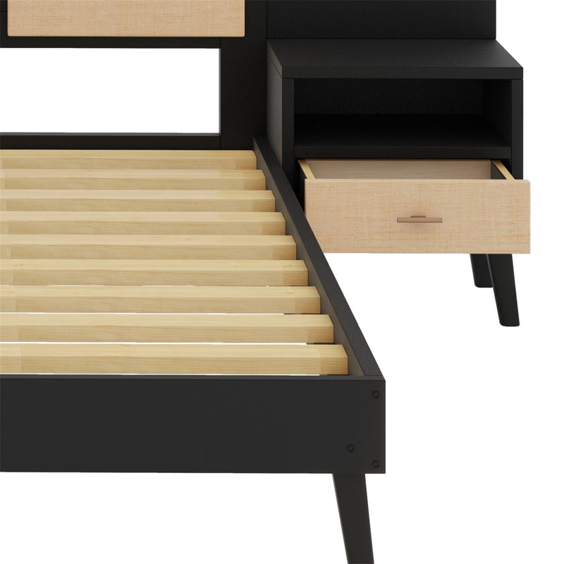 Structure de lit en bois avec 2 tables de chevet et design élégant avec lampes, Noir
